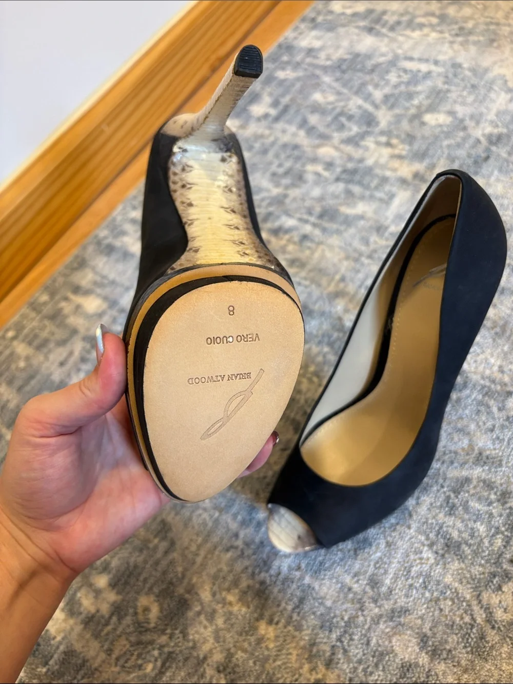Brian Atwood Black Peep-Toe Pumps with Gold Metallic Toe and Stiletto